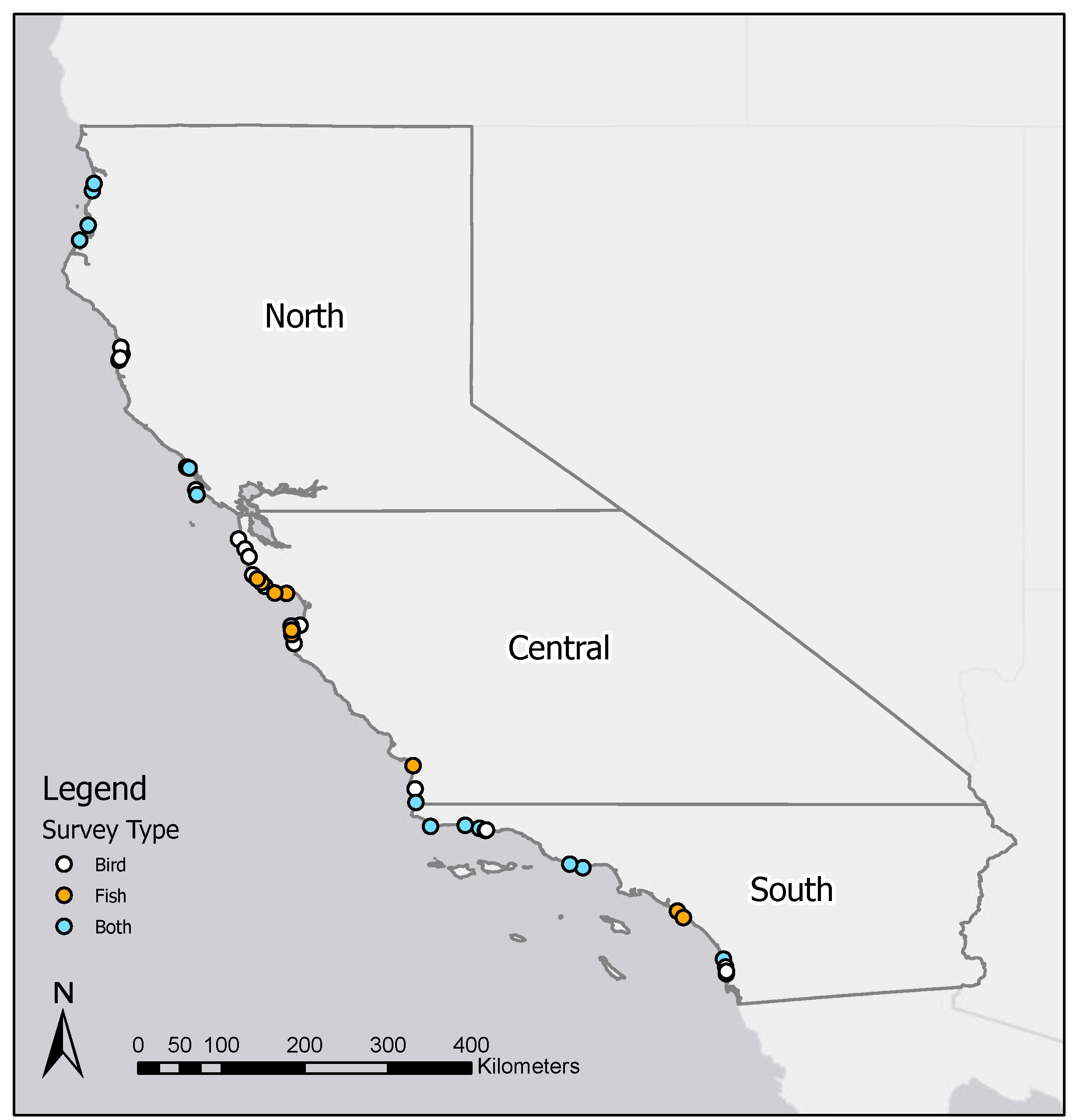 Map of surf zone sampling sites